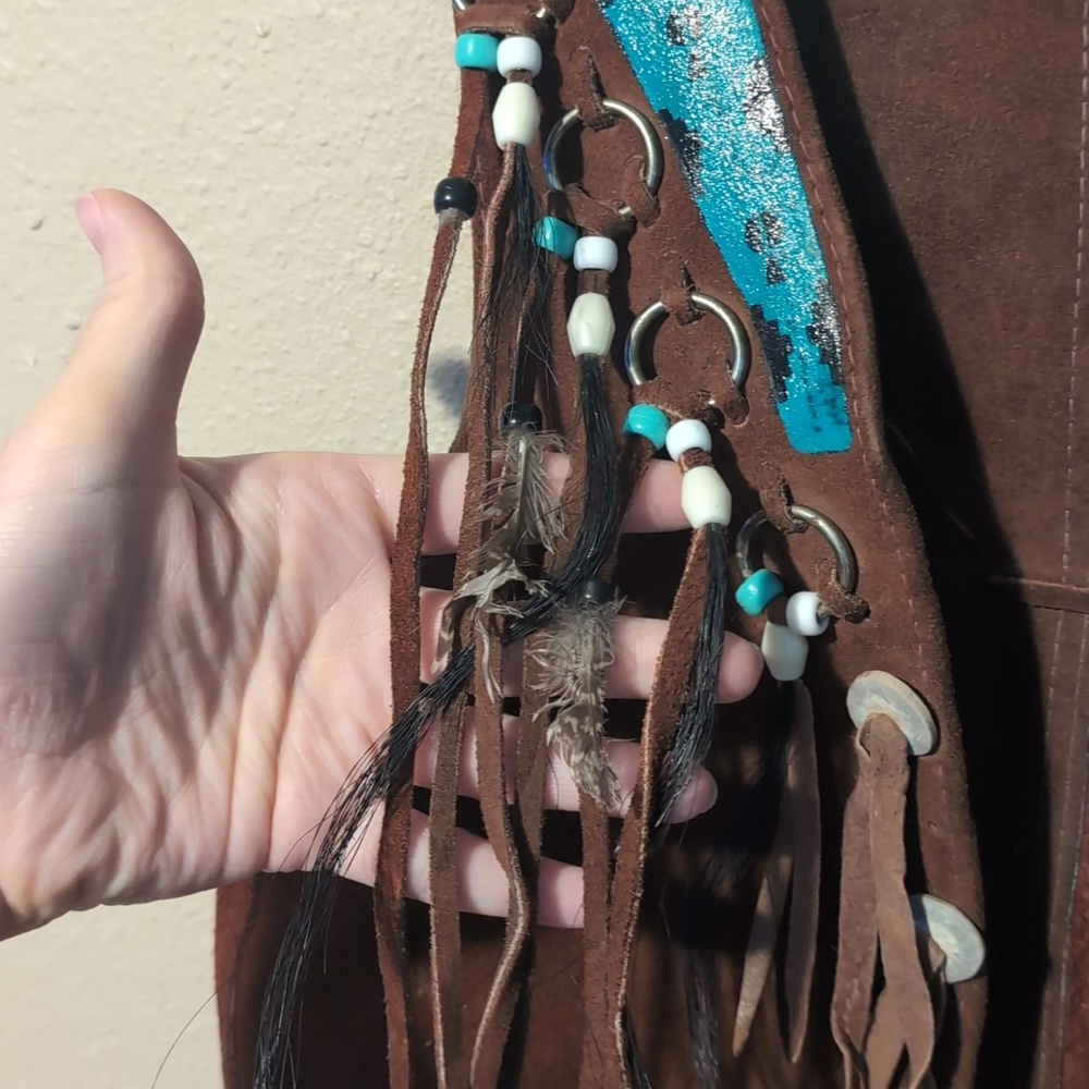 Brown Suede Fringe Vest with Hand Painted Eagle and Feathers - Picture 5 of 8